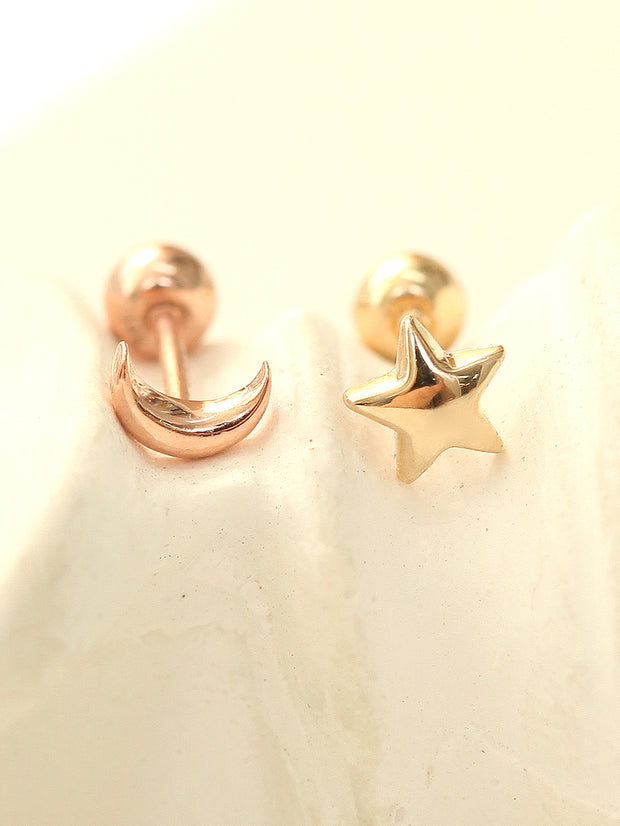 14K gold Mini Volume Moon & Star & Heart cartilage earring 20g