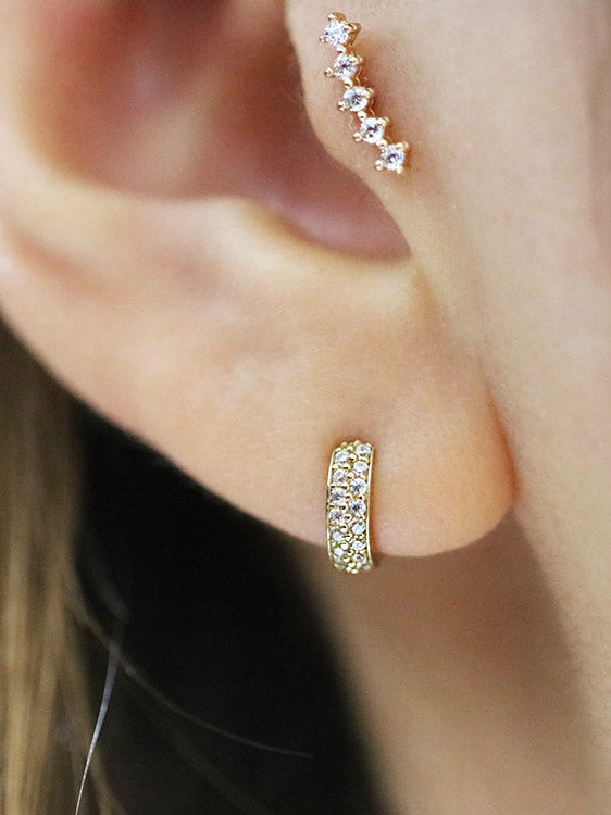 14K Gold Two line mini CZ hoop cartilage earring