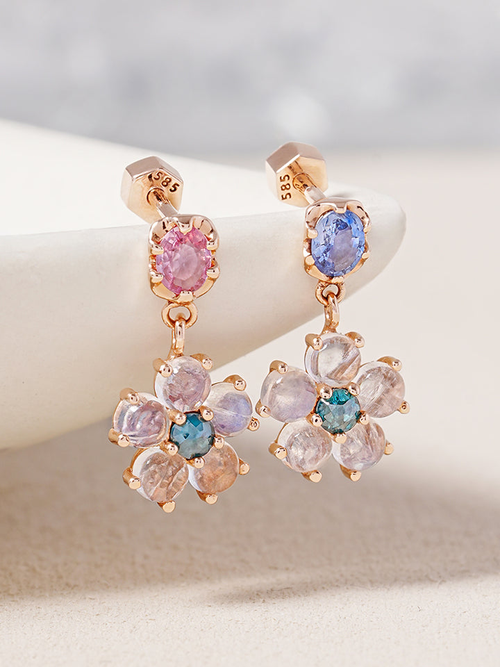 14K Solid Gold Brightening Sapphire Flower Drop Cartilage Earring 18G