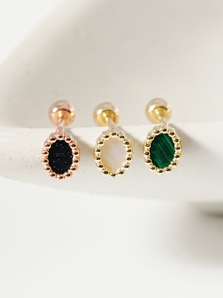 14K Solid Gold Classic Oval Stone Cartilage Earring 20G