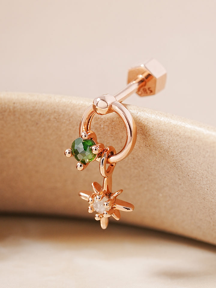 14K Gold Green Rough Universe Ring Drop Cartilage Earring 18G