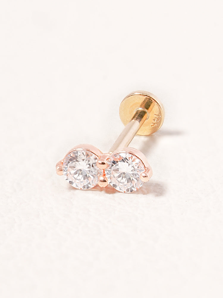 14K Solid Gold Lab Diamond Two Stone Two Way Internally Threaded Labret Piercing 20G