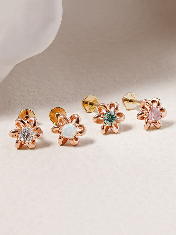 14K Solid Gold Moissanite Dia Daisy Loop Internally Threaded Labret Piercing 20G