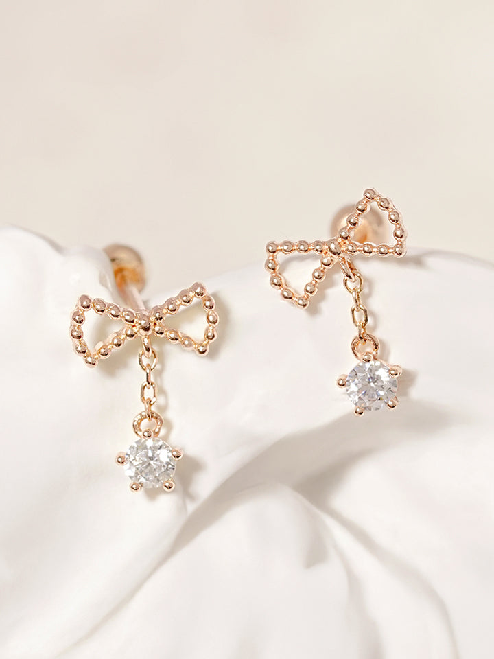 14K Solid Gold Ribbon Drop Cubic Cartilage Earring 20G