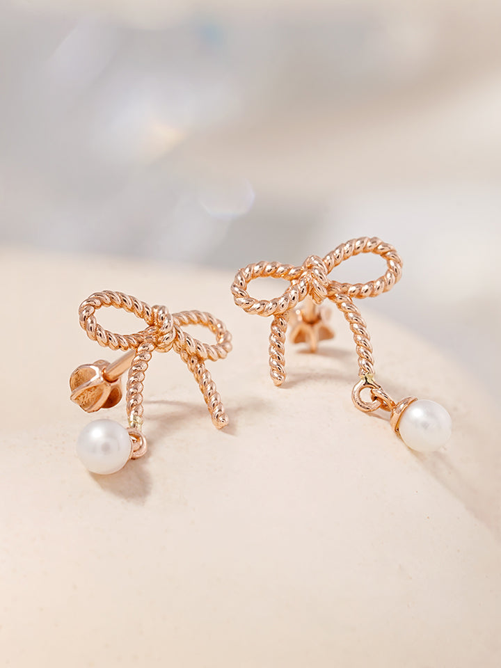 14K Gold Rose Ribbon Freshwater Pearl Drop Cartilage Earring 18G16G