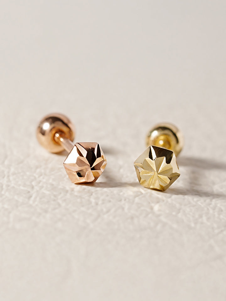 14K Solid Gold Shining Hexagonal Cutting Cartilage Earring 20G