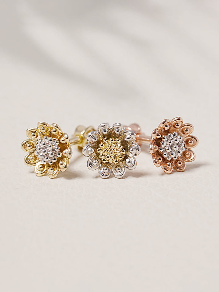 14K Solid Gold Sunflower Bloom Cartilage Earring 18G16G