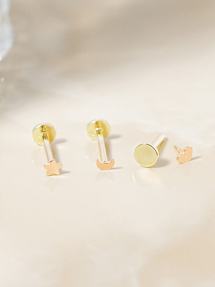 14K Solid Gold Tiny Heart Star Moon Internally Threaded Labret Piercing 20G
