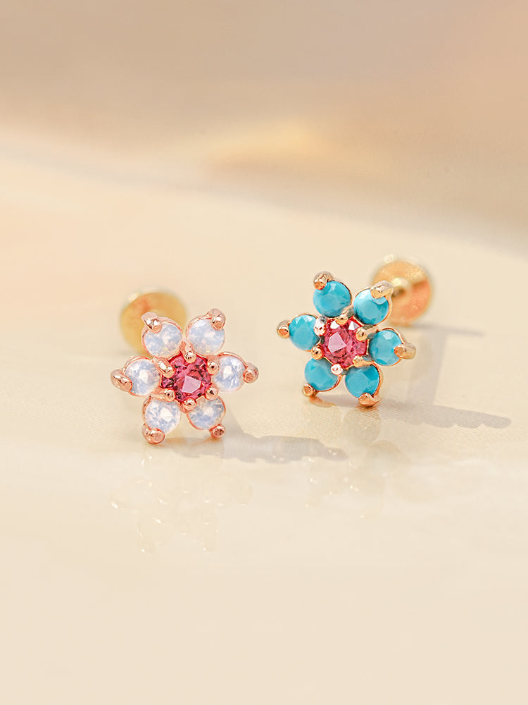 14K Solid Gold Opal Turquoise Cubic Flower Internally Threaded Labret Piercing 20G