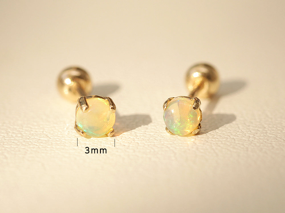 14K Gold Daily Opal Cartilage Earring 2mm, 3mm, 4mm 20G