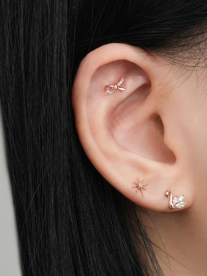 14K Solid Gold Slim Cubic Ribbon Cartilage Earring 20G