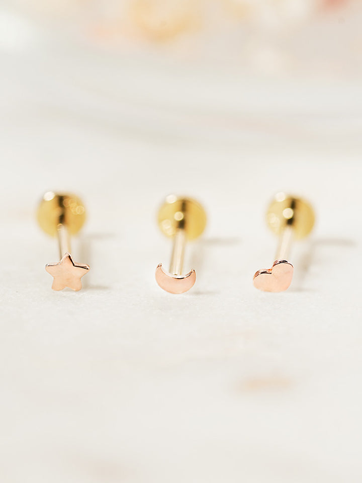 14K Solid Gold Tiny Heart Star Moon Internally Threaded Labret Piercing 20G