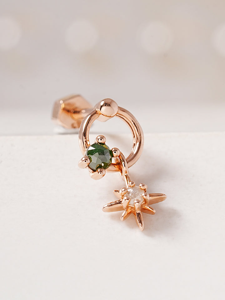 14K Gold Green Rough Universe Ring Drop Cartilage Earring 18G