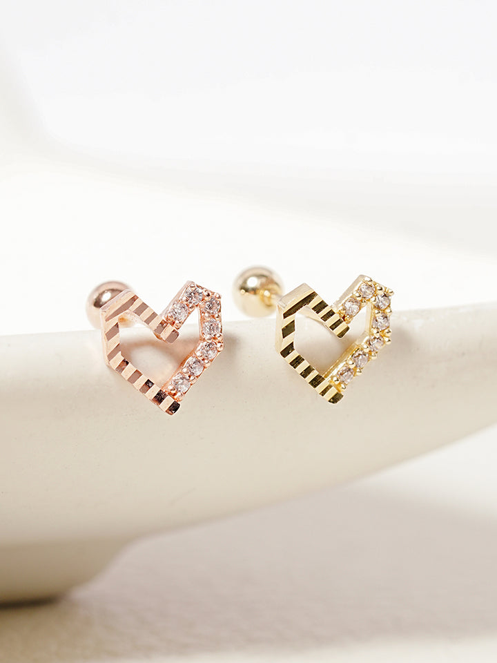 14K Solid Gold Half-and-Half Heart Cubic Cartilage Earring 20G