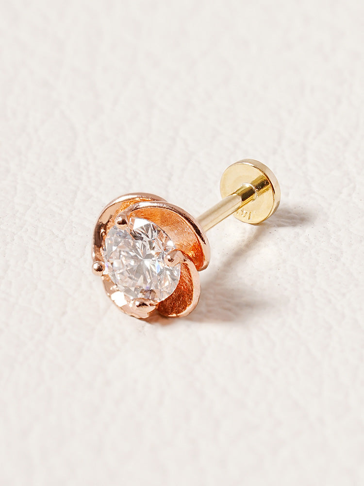 14K Solid Gold Lab Diamond Rose Internally Threaded Labret Piercing 20G