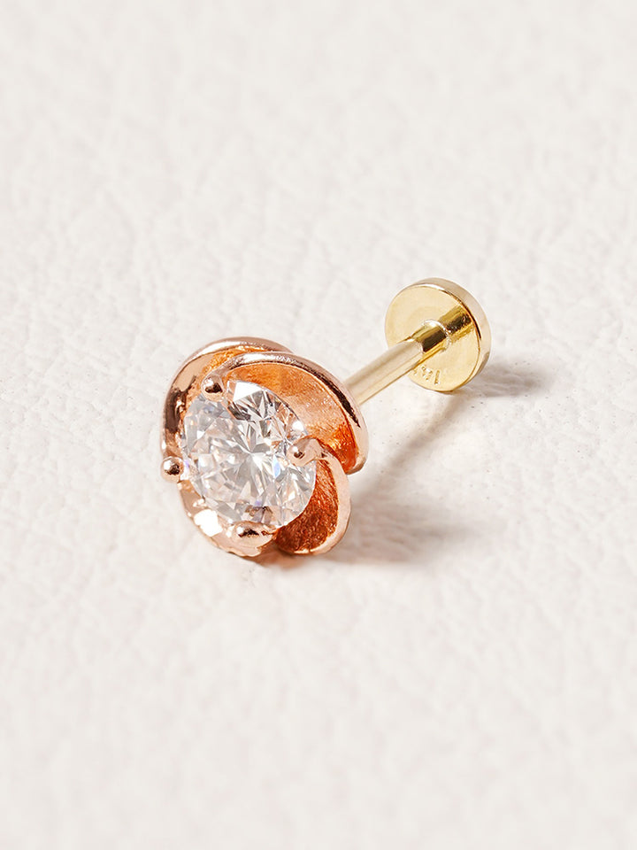 14K Solid Gold Lab Diamond Rose Internally Threaded Labret Piercing 20G