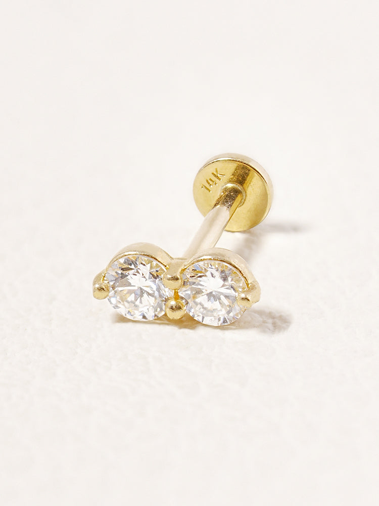 14K Solid Gold Lab Diamond Two Stone Two Way Internally Threaded Labret Piercing 20G