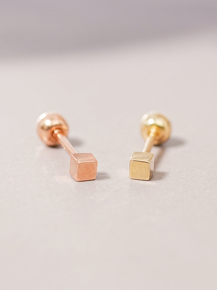 14K Solid Gold Micro Cube Box Cartilage Earring 20G