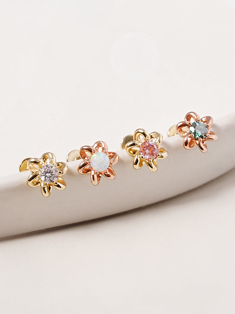 14K Solid Gold Moissanite Dia Daisy Loop Internally Threaded Labret Piercing 20G