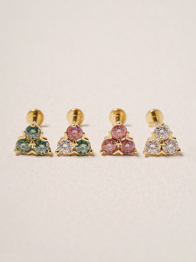 14K Solid Gold Moissanite Dia Trio Internally Threaded Labret Piercing 20G