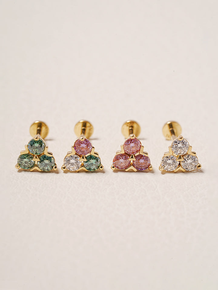 14K Solid Gold Moissanite Dia Trio Internally Threaded Labret Piercing 20G