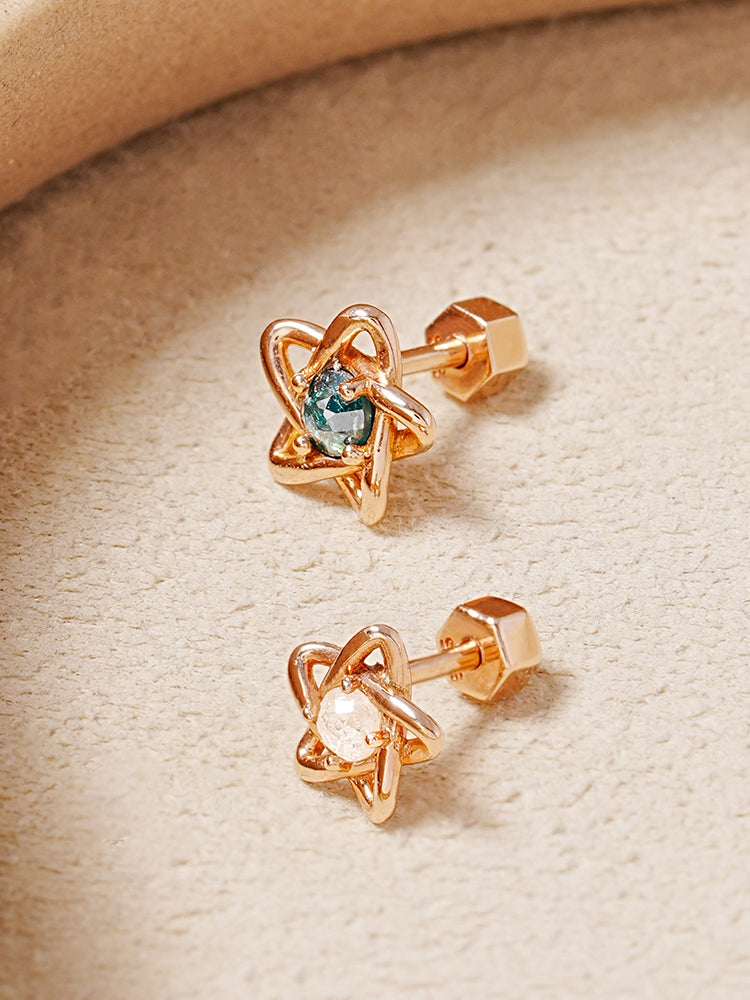 14K Solid Gold Star Line Rough Diamond Cartilage Earring 18G