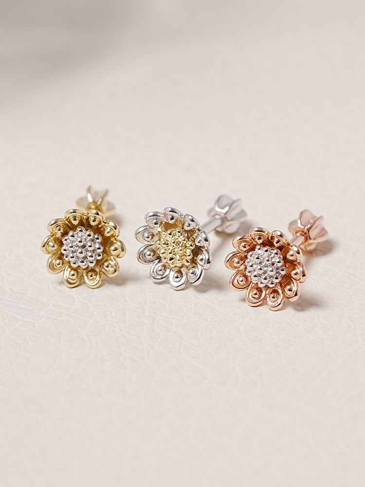 14K Solid Gold Sunflower Bloom Cartilage Earring 18G16G