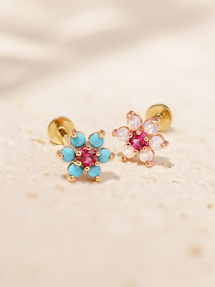 14K Solid Gold Opal Turquoise Cubic Flower Internally Threaded Labret Piercing 20G