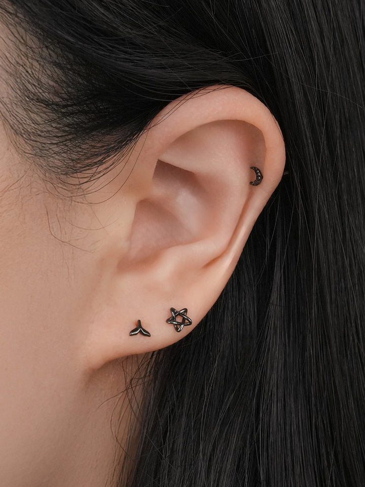 14K Solid Gold Black Mini Whale Tail Cartilage Earring 20G18G16G
