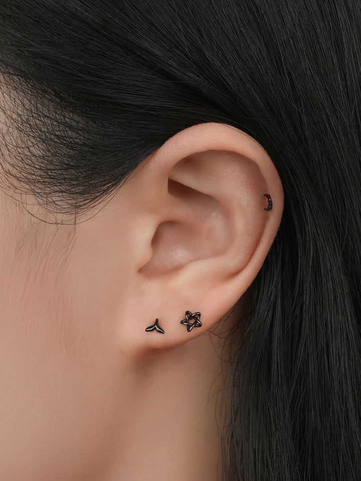 14K Solid Gold Black Mini Whale Tail Cartilage Earring 20G18G16G