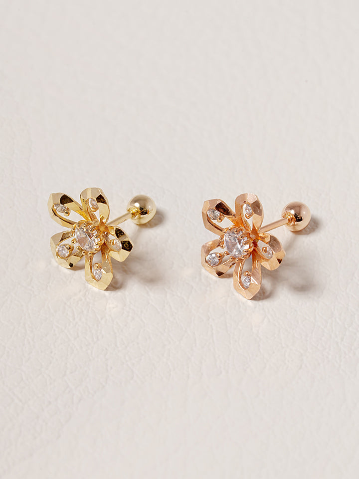 14K Solid Gold Glossy Cubic Flower Cutting Cartilage Earring 20G18G