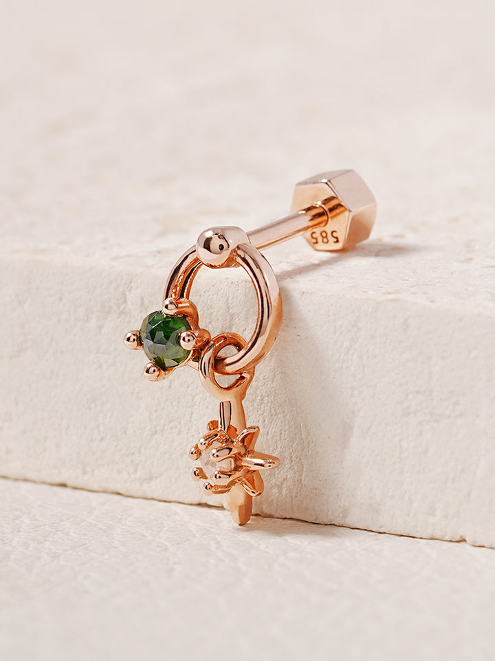 14K Gold Green Rough Universe Ring Drop Cartilage Earring 18G