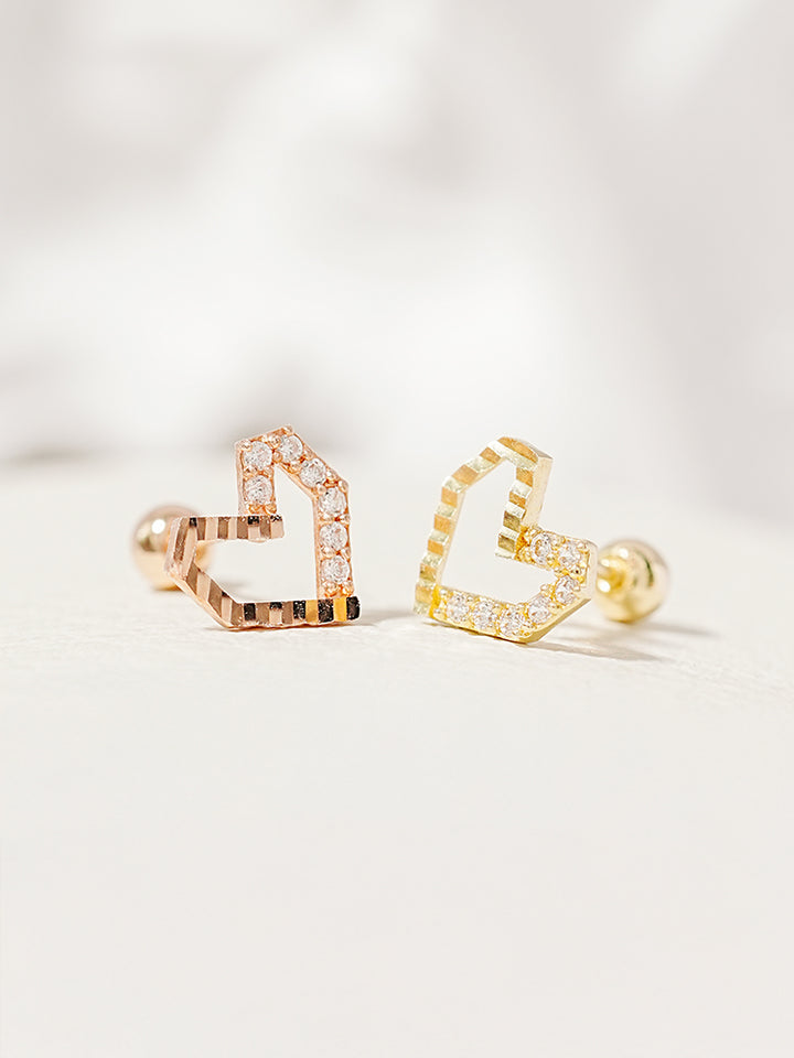 14K Solid Gold Half-and-Half Heart Cubic Cartilage Earring 20G