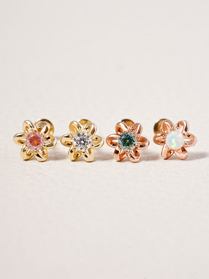 14K Solid Gold Moissanite Dia Daisy Loop Internally Threaded Labret Piercing 20G