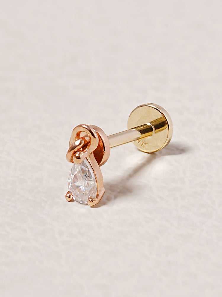 14K Solid Gold Moissanite Dia Teardrop Drop Internally Threaded Labret Piercing 20G
