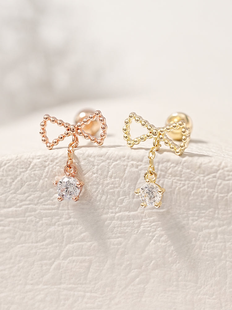 14K Solid Gold Ribbon Drop Cubic Cartilage Earring 20G