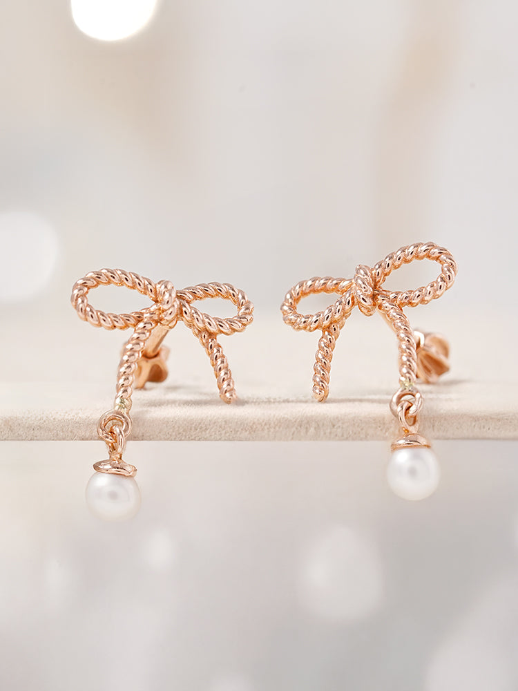 14K Gold Rose Ribbon Freshwater Pearl Drop Cartilage Earring 18G16G