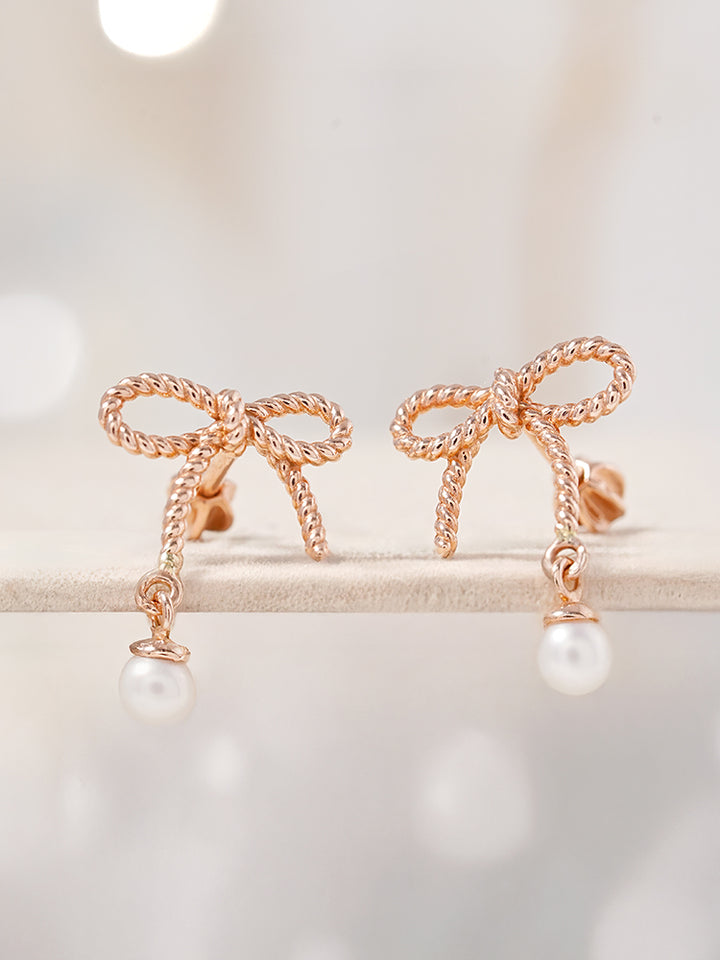 14K Gold Rose Ribbon Freshwater Pearl Drop Cartilage Earring 18G16G