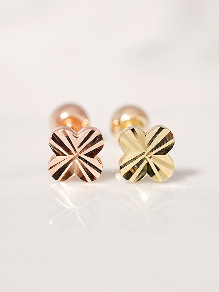 14K Solid Gold Shining Clover Cutting Cartilage Earring 20G