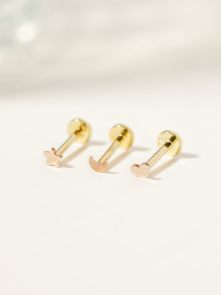 14K Solid Gold Tiny Heart Star Moon Internally Threaded Labret Piercing 20G