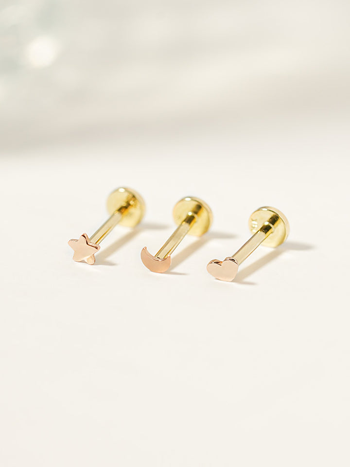 14K Solid Gold Tiny Heart Star Moon Internally Threaded Labret Piercing 20G