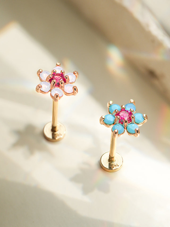 14K Solid Gold Opal Turquoise Cubic Flower Internally Threaded Labret Piercing 20G