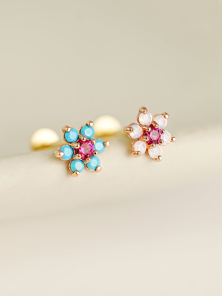 14K Solid Gold Opal Turquoise Cubic Flower Internally Threaded Labret Piercing 20G