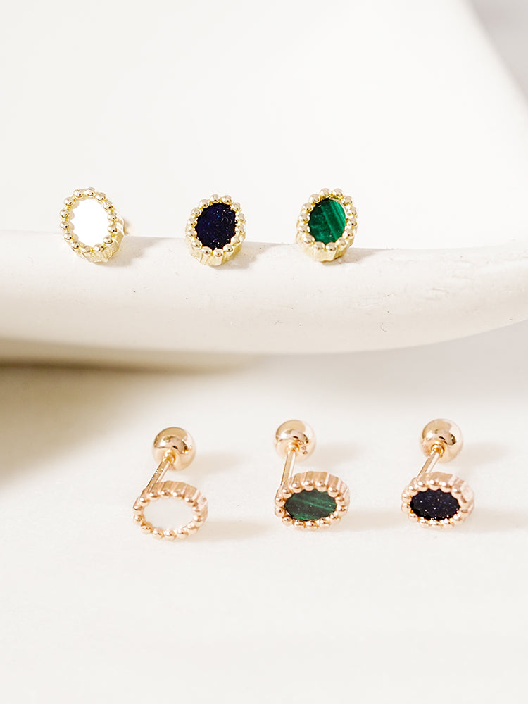 14K Solid Gold Classic Oval Stone Cartilage Earring 20G