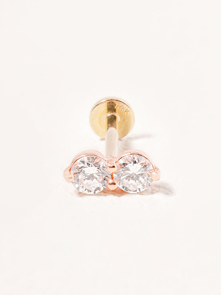 14K Solid Gold Lab Diamond Two Stone Two Way Internally Threaded Labret Piercing 20G