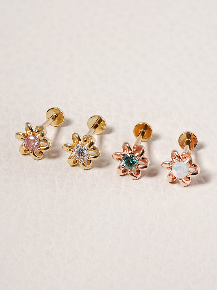 14K Solid Gold Moissanite Dia Daisy Loop Internally Threaded Labret Piercing 20G