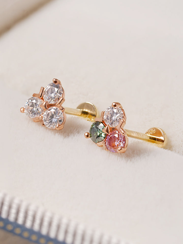 14K Solid Gold Moissanite Dia Trio Internally Threaded Labret Piercing 20G