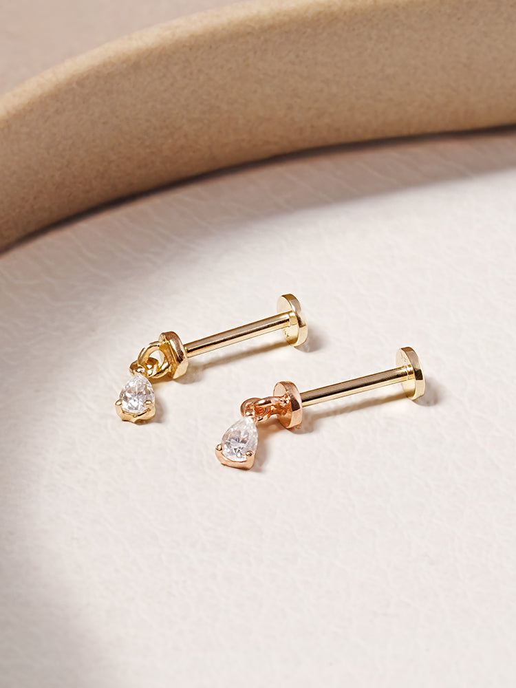 14K Solid Gold Moissanite Dia Teardrop Drop Internally Threaded Labret Piercing 20G