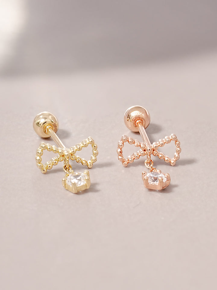 14K Solid Gold Ribbon Drop Cubic Cartilage Earring 20G