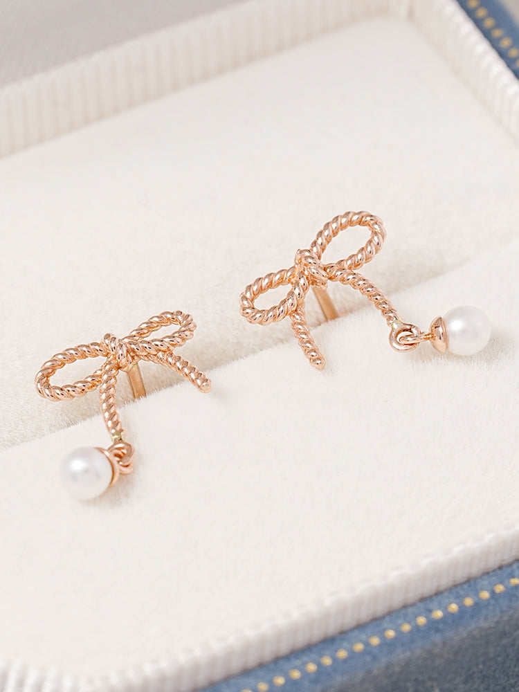 14K Gold Rose Ribbon Freshwater Pearl Drop Cartilage Earring 18G16G